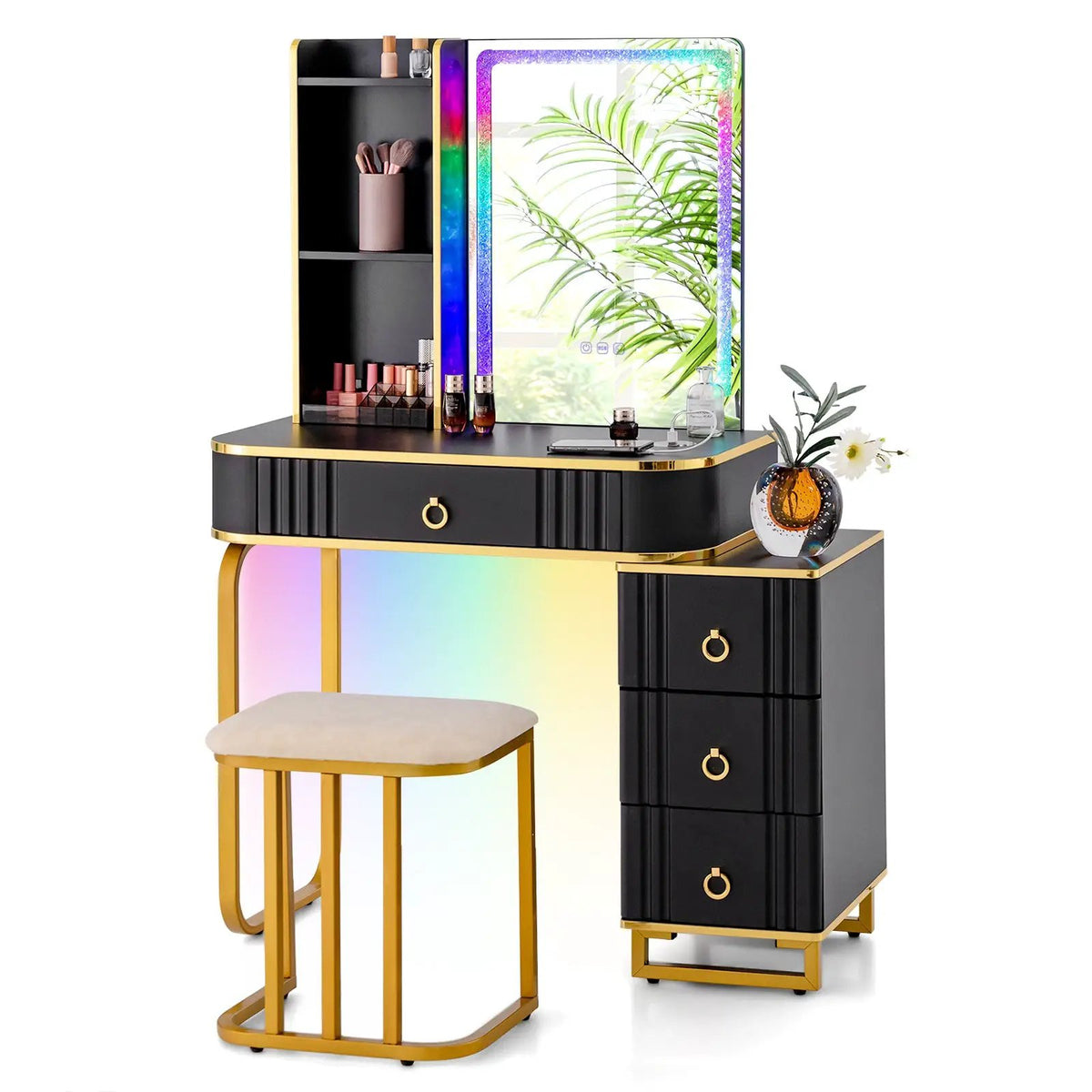 Vanity Table Set with RGB LED Lights and Wireless Charging Station by DirectDeals