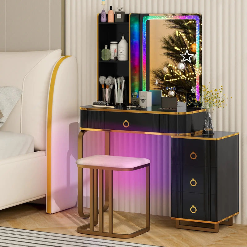 Vanity Table Set with RGB LED Lights and Wireless Charging Station by DirectDeals