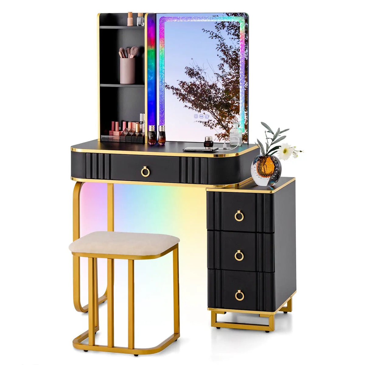 Vanity Table Set with RGB LED Lights and Wireless Charging Station by DirectDeals