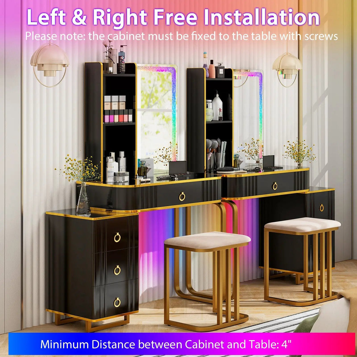 Vanity Table Set with RGB LED Lights and Wireless Charging Station by DirectDeals