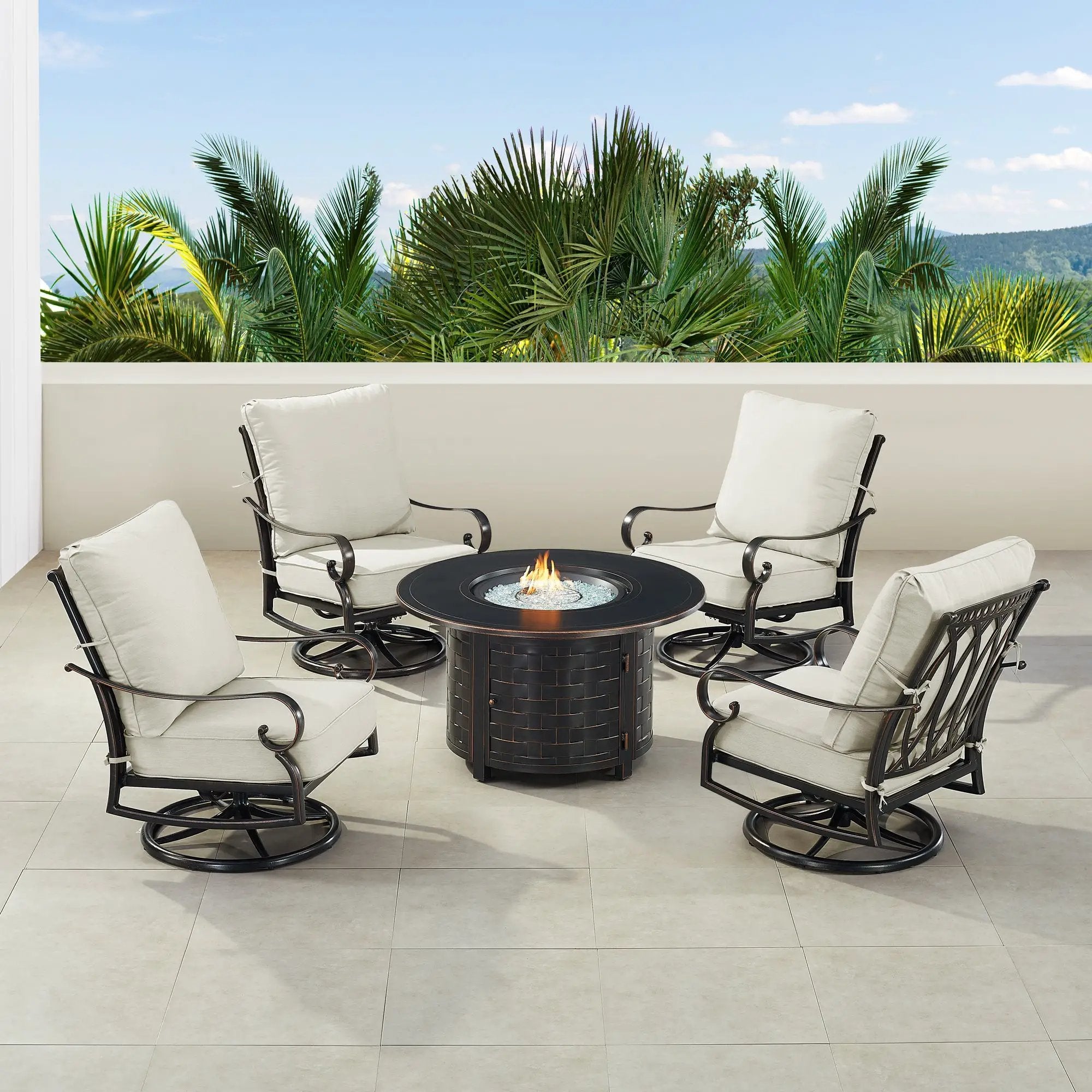 Black Aluminum Fire Table Set with Four Club Chairs by Sharicks