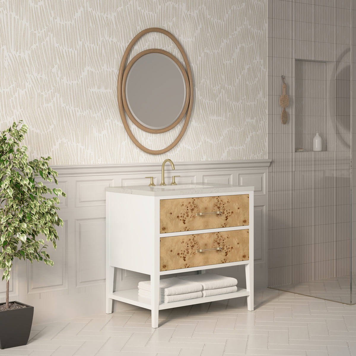 James Martin Olena 36" Single Bathroom Vanity, Polished White and Light Mappa Burl, view 30