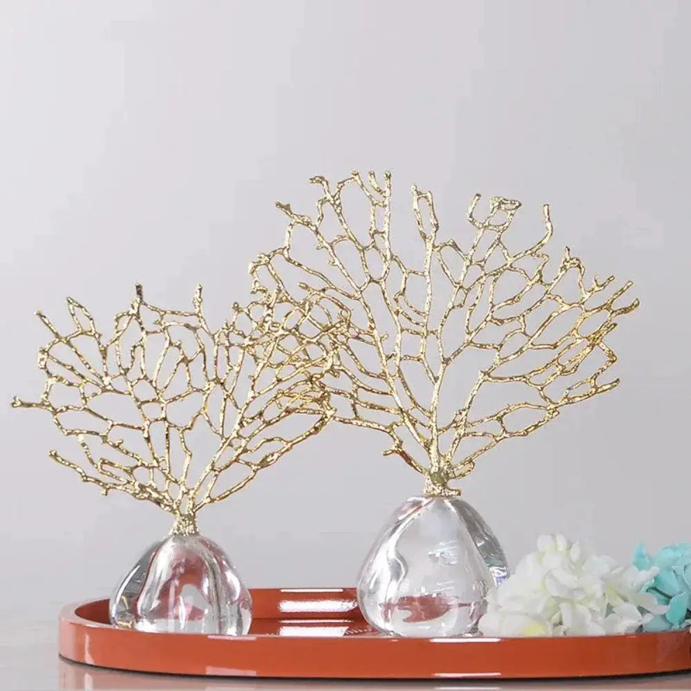 Golden Coral Sculpture Handmade Metal with Crystal Base for Your Home by House Of Avana