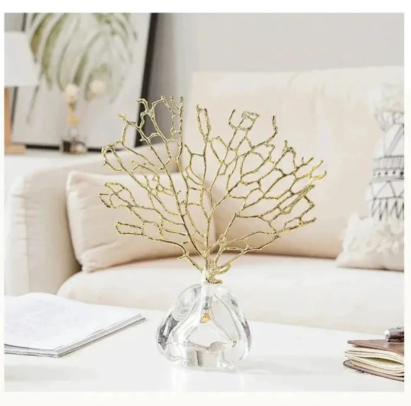 Golden Coral Sculpture Handmade Metal with Crystal Base for Your Home by House Of Avana
