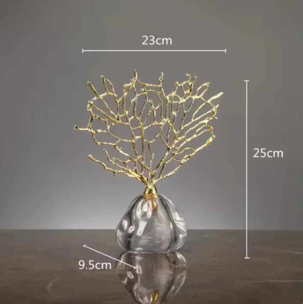 Golden Coral Sculpture Handmade Metal with Crystal Base for Your Home by House Of Avana