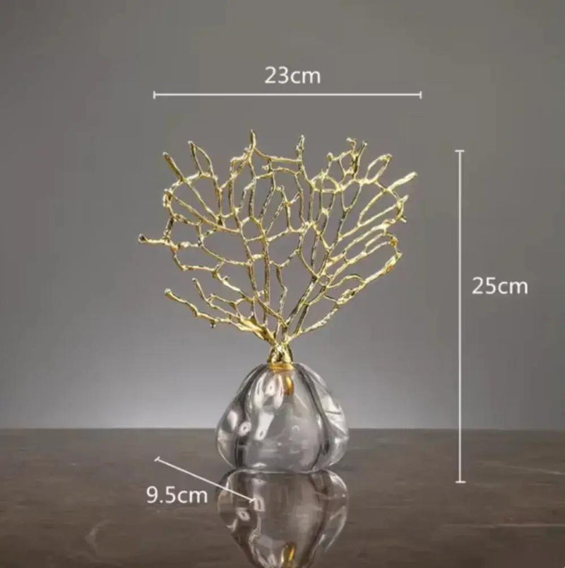 Golden Coral Sculpture Handmade Metal with Crystal Base for Your Home by House Of Avana