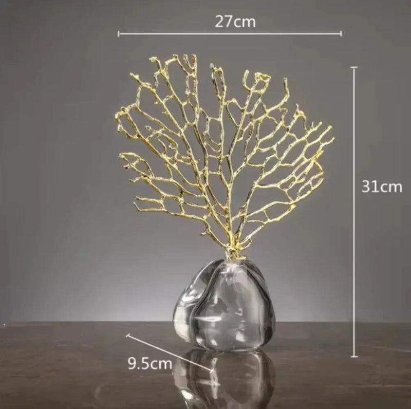 Golden Coral Sculpture Handmade Metal with Crystal Base for Your Home by House Of Avana