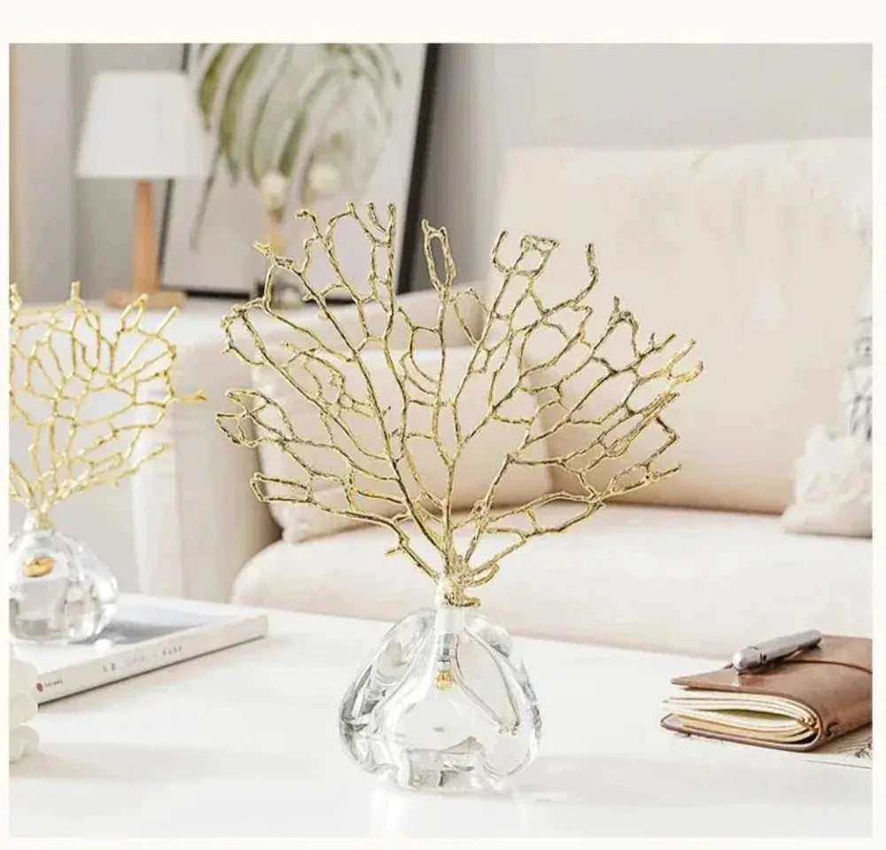 Golden Coral Sculpture Handmade Metal with Crystal Base for Your Home by House Of Avana