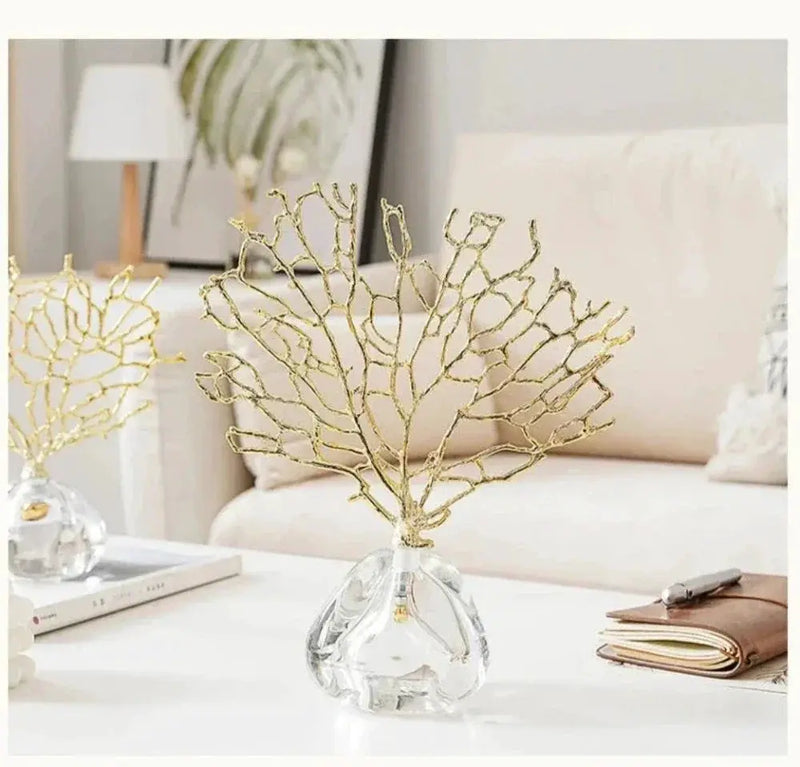 Golden Coral Sculpture Handmade Metal with Crystal Base for Your Home by House Of Avana