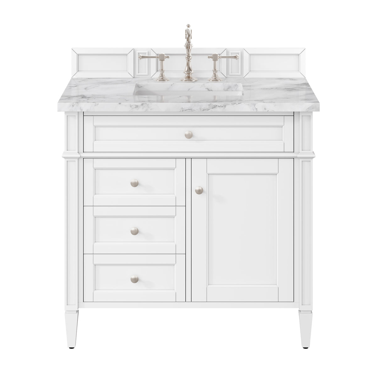 James Martin Brittany 36" Single Bathroom Vanity, Bright White with Carrara White countertop