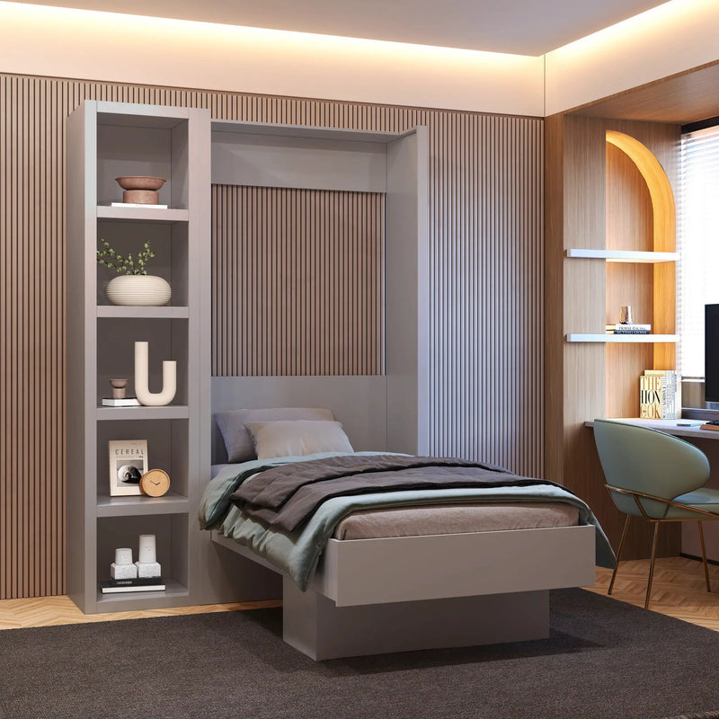 Easy-Lift Twin Murphy Wall Bed in Grey with Bookshelf by Sharicks