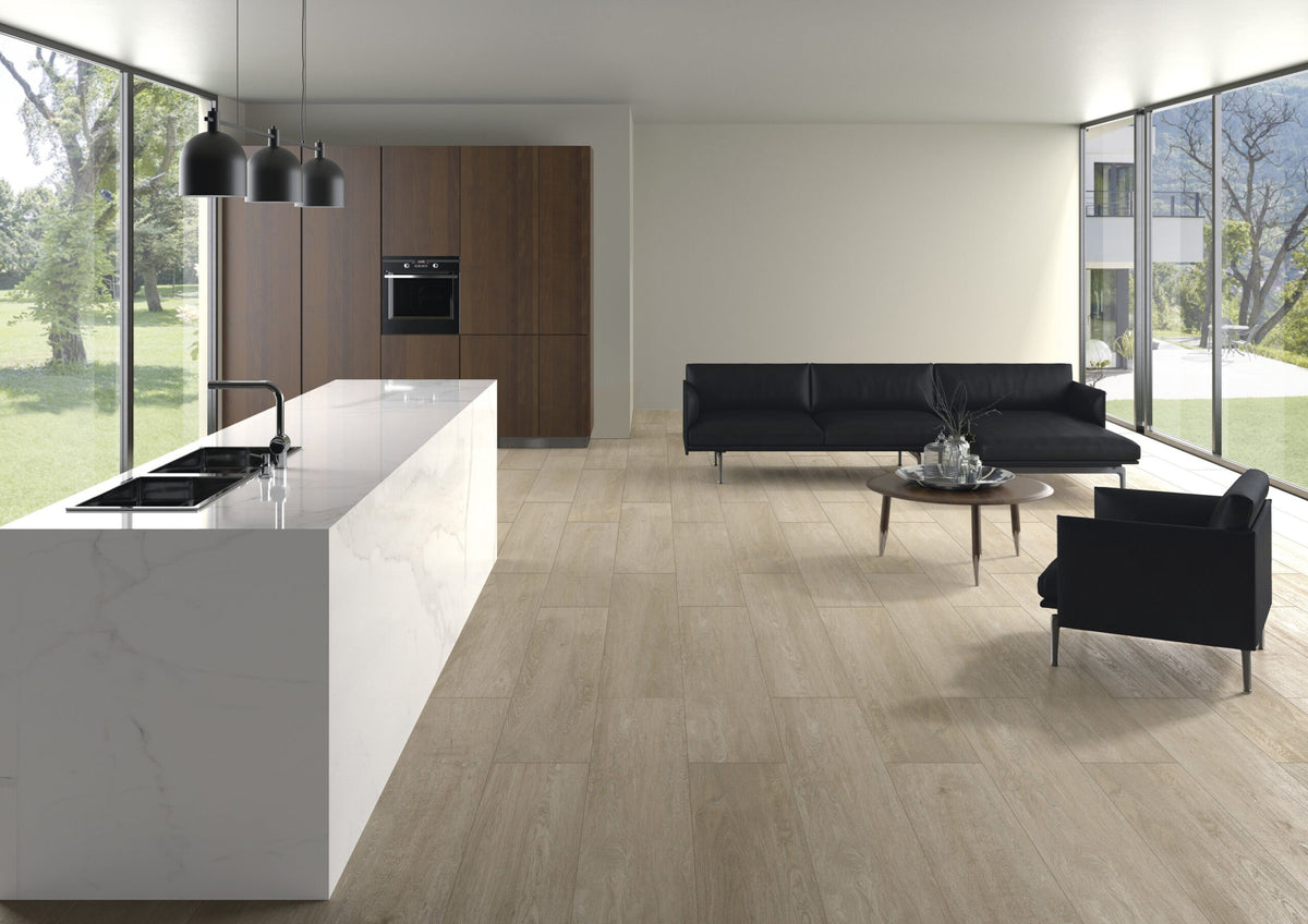 Venatura Acorn Natural Plank Wood Look Porcelain Tiles 12x72 installed in a kitchen