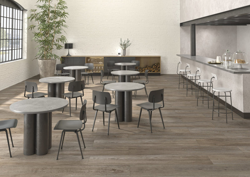 Venatura Bark Natural Plank Wood Look Porcelain Tiles 12x72 installed in a cafe