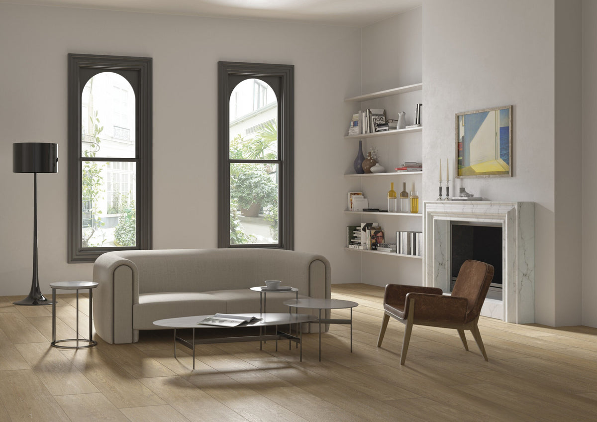 Venatura Nest Natural Plank Wood Look Porcelain Tiles 12x72 installed in a room