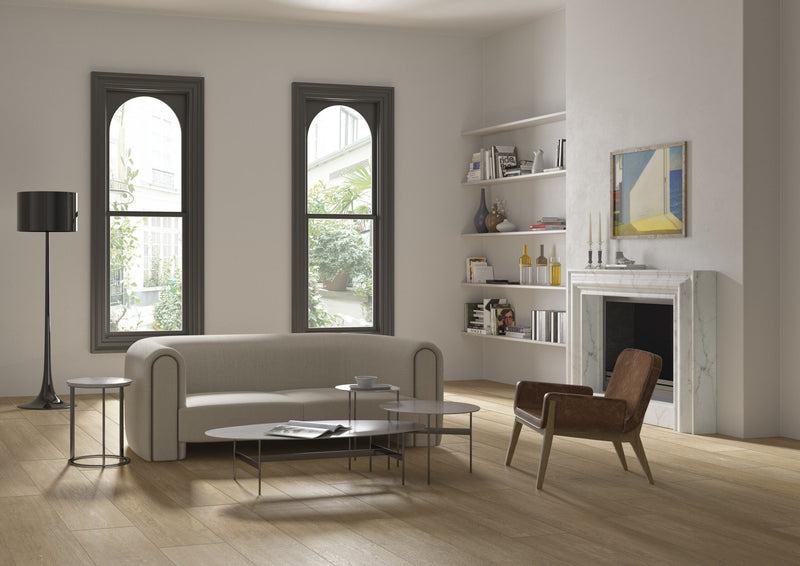 Venatura Nest Natural Plank Wood Look Porcelain Tiles 12x72 installed in a room