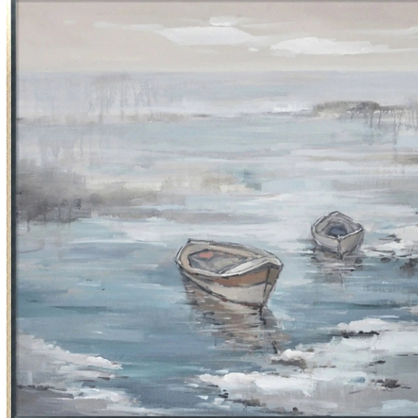Hand Painted Acrylic Wall Art Ocean with Boats on a 47 x 35 Rectangular Canvas with a Silver Wooden Frame by Sharicks