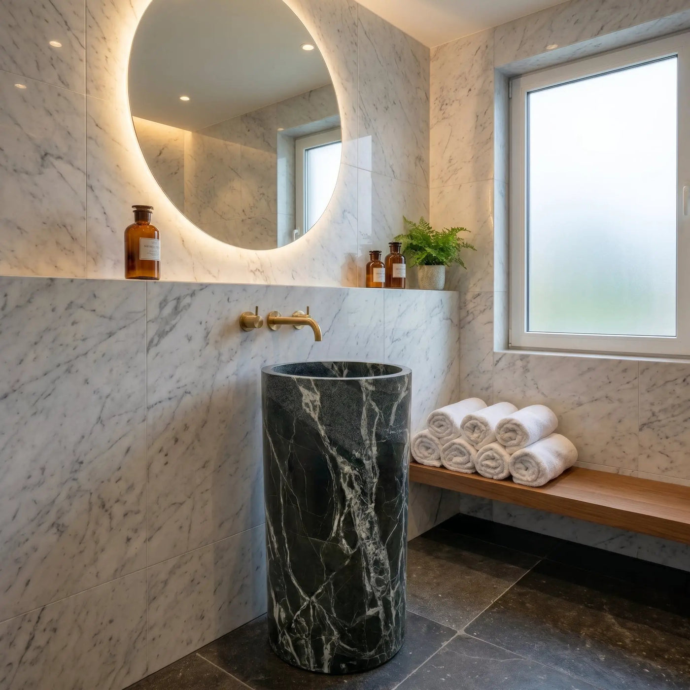 Verde Antico Marble Freestanding Column Pedestal Sink D16xH34 by GobekDesign