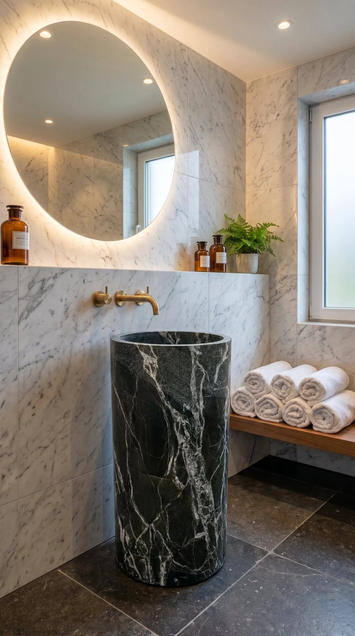 Verde Antico Marble Freestanding Column Pedestal Sink D16xH34 by GobekDesign