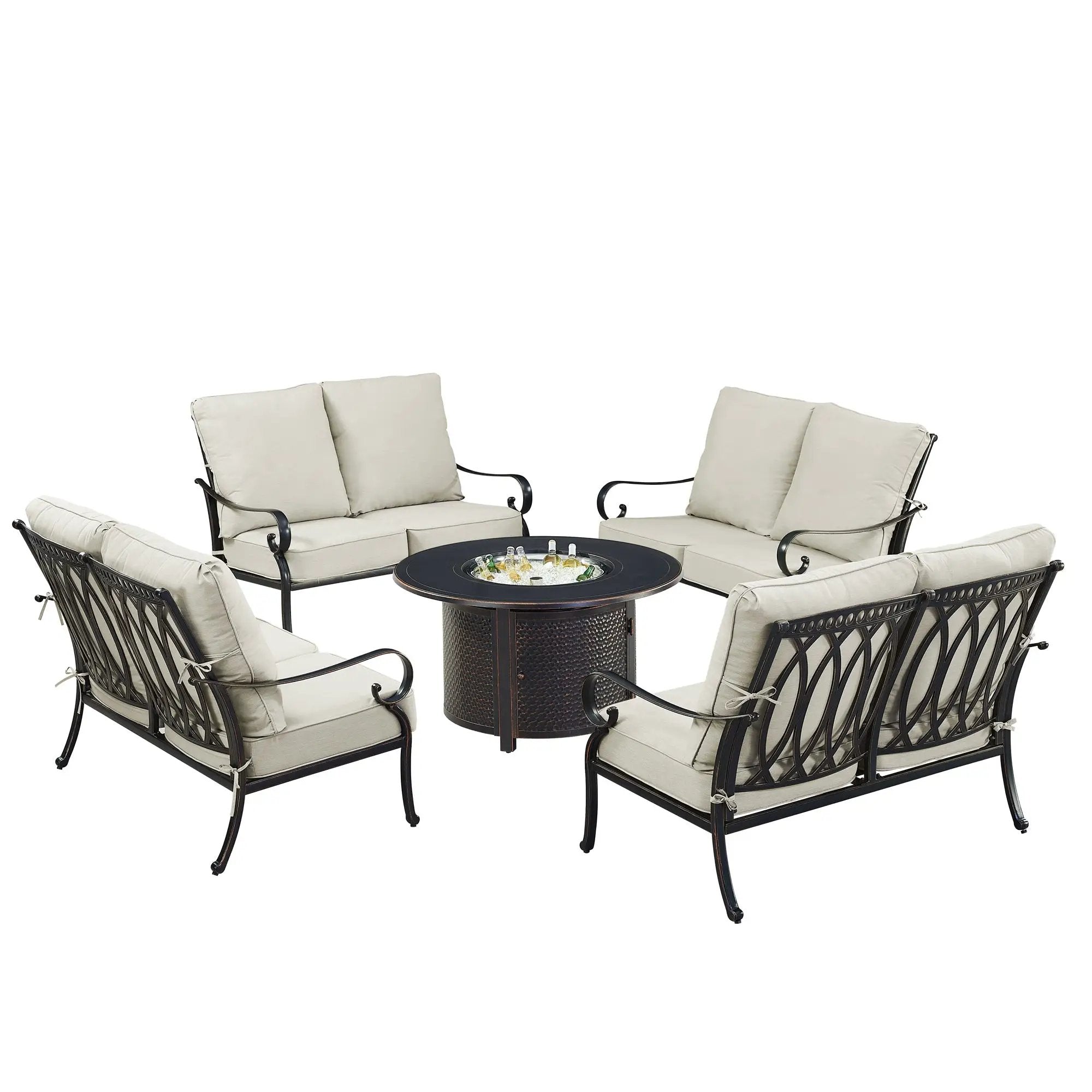 Black Aluminum Fire Table Set with Four Deep Seating Loveseats by Sharicks