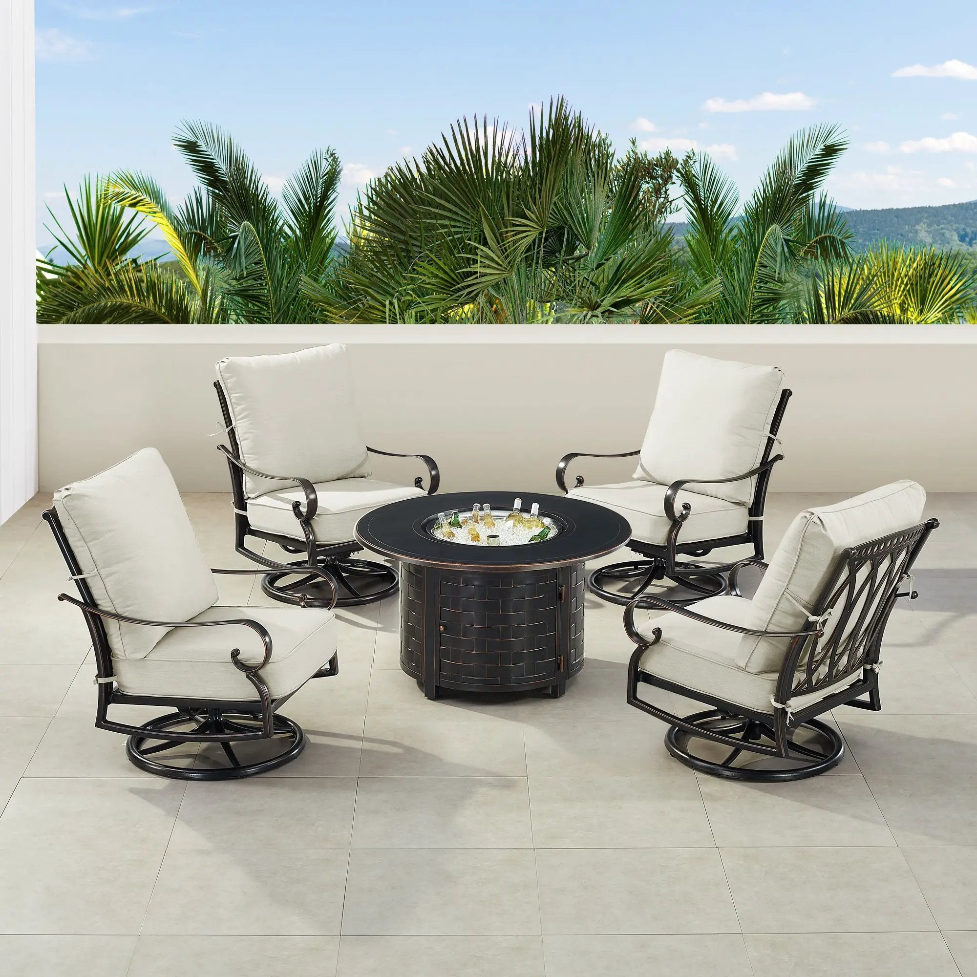 Black Aluminum Fire Table Set with Four Club Chairs by Sharicks