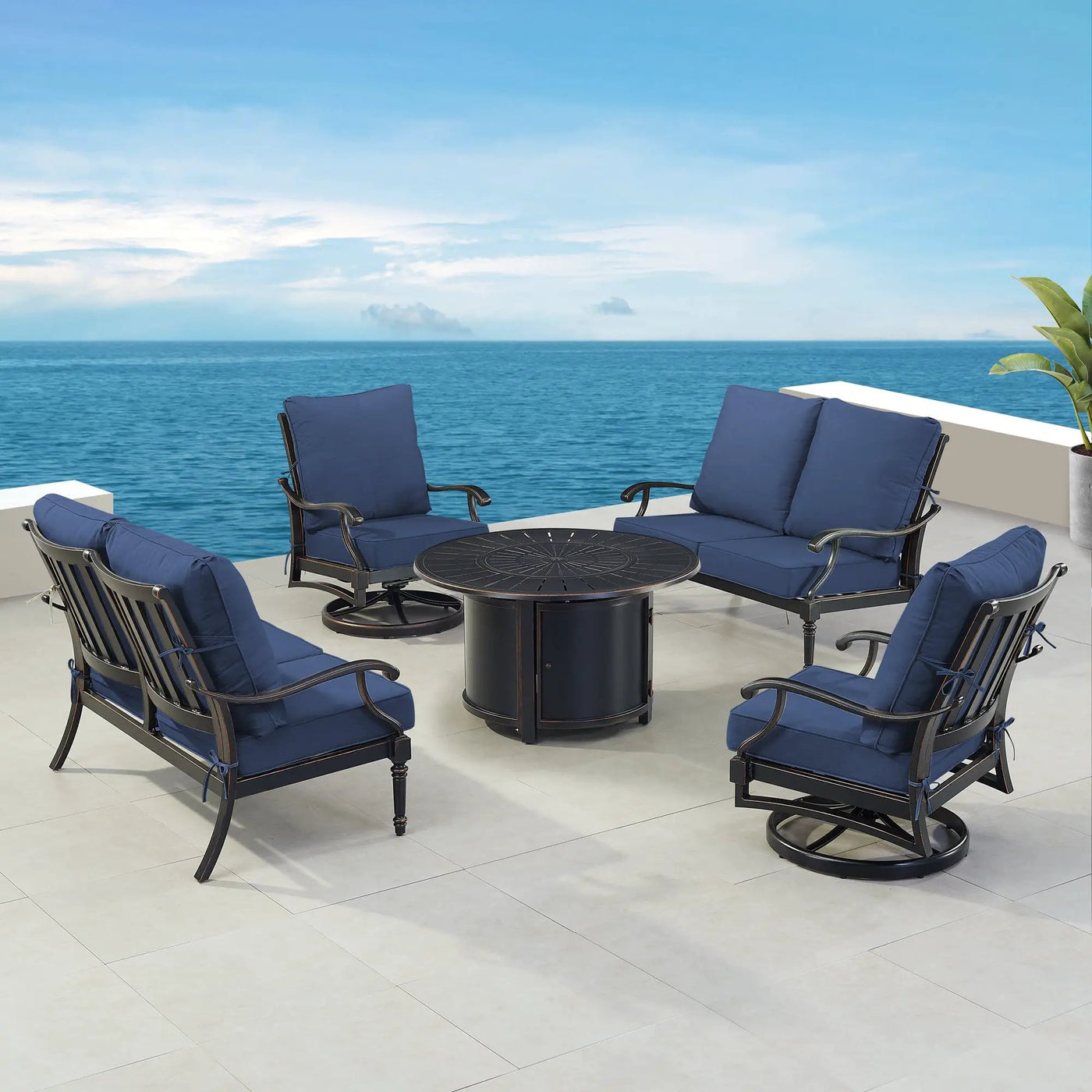 Black Aluminum Fire Table Set with Two Loveseats and Two Club Chairs by Sharicks
