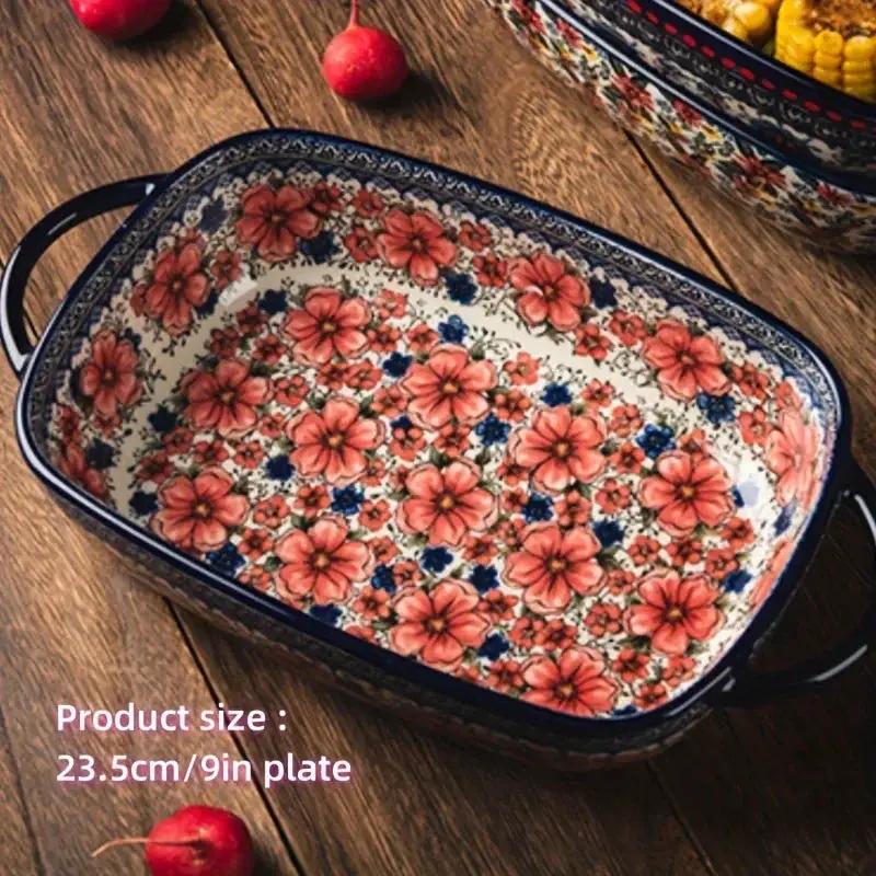 Vibrant Floral Embossed 1pc Polish Ceramic Baking Dish - 9"x5.3" Rectangular Plate with Dual Handles for Lasagna, Salads & Cheese Bakes - Durable Hand-Painted Design for Home Cooking by House Of Avana