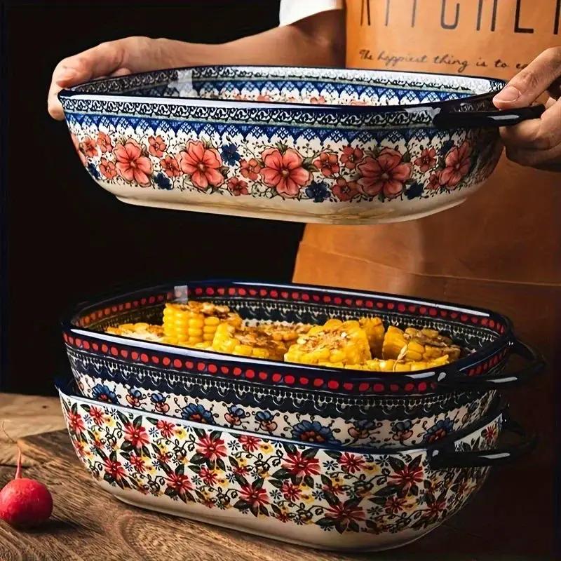 Vibrant Floral Embossed 1pc Polish Ceramic Baking Dish - 9"x5.3" Rectangular Plate with Dual Handles for Lasagna, Salads & Cheese Bakes - Durable Hand-Painted Design for Home Cooking by House Of Avana