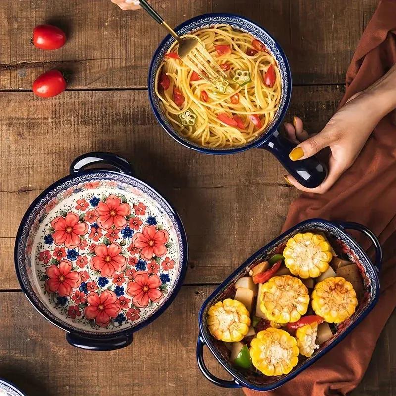 Vibrant Floral Embossed 1pc Polish Ceramic Baking Dish - 9"x5.3" Rectangular Plate with Dual Handles for Lasagna, Salads & Cheese Bakes - Durable Hand-Painted Design for Home Cooking by House Of Avana