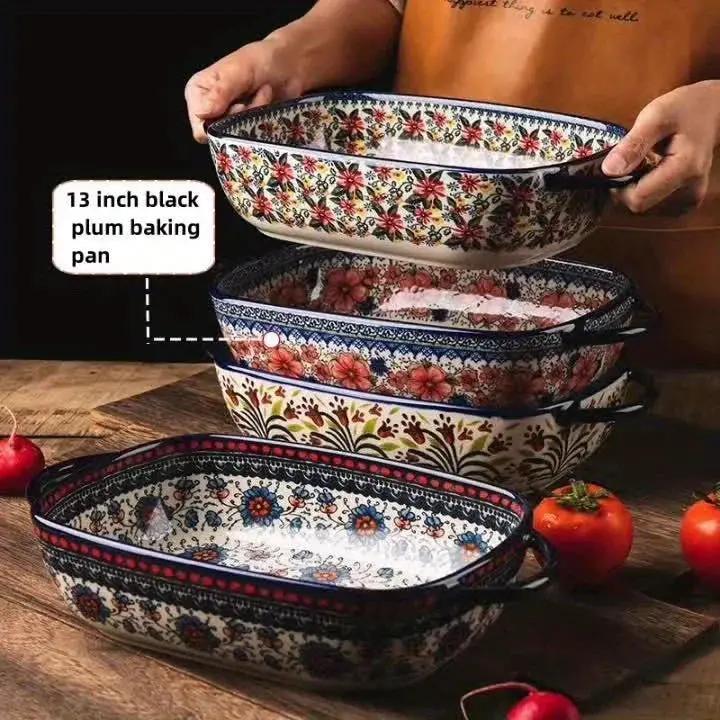 Vibrant Floral Embossed 1pc Polish Ceramic Baking Dish - 9"x5.3" Rectangular Plate with Dual Handles for Lasagna, Salads & Cheese Bakes - Durable Hand-Painted Design for Home Cooking by House Of Avana