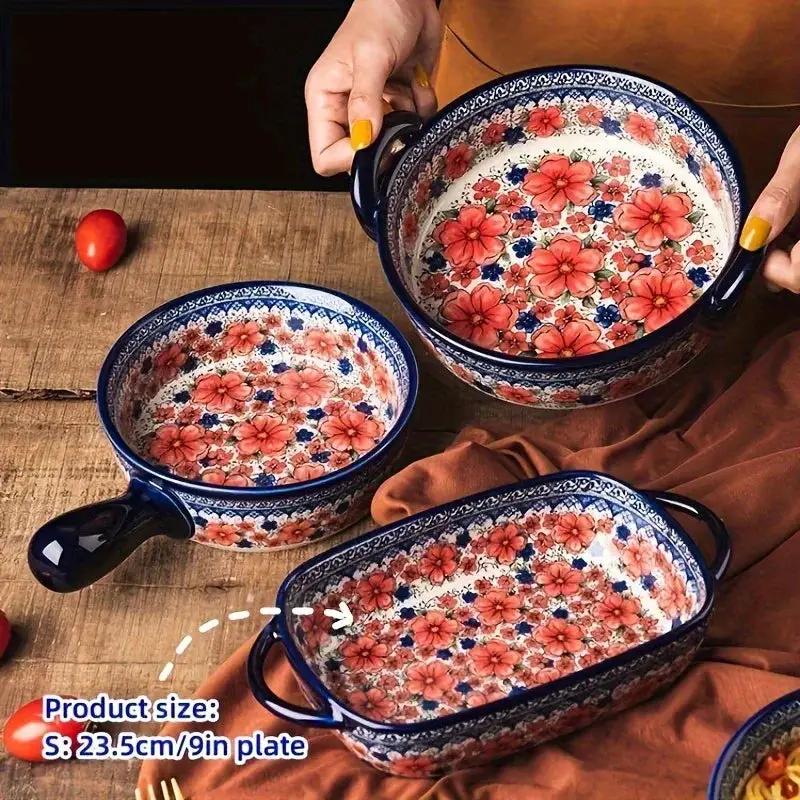 Vibrant Floral Embossed 1pc Polish Ceramic Baking Dish - 9"x5.3" Rectangular Plate with Dual Handles for Lasagna, Salads & Cheese Bakes - Durable Hand-Painted Design for Home Cooking by House Of Avana