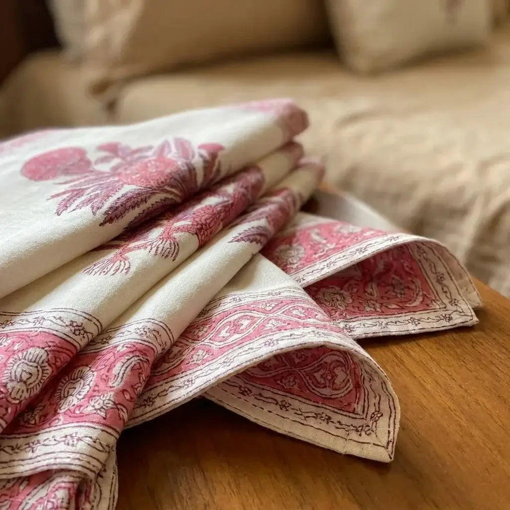 Vintage Magenta & Cream Table Linen Set – 13 Piece | Hand Block Printed Cotton | Runner, Placemats & Napkins by House Of Avana