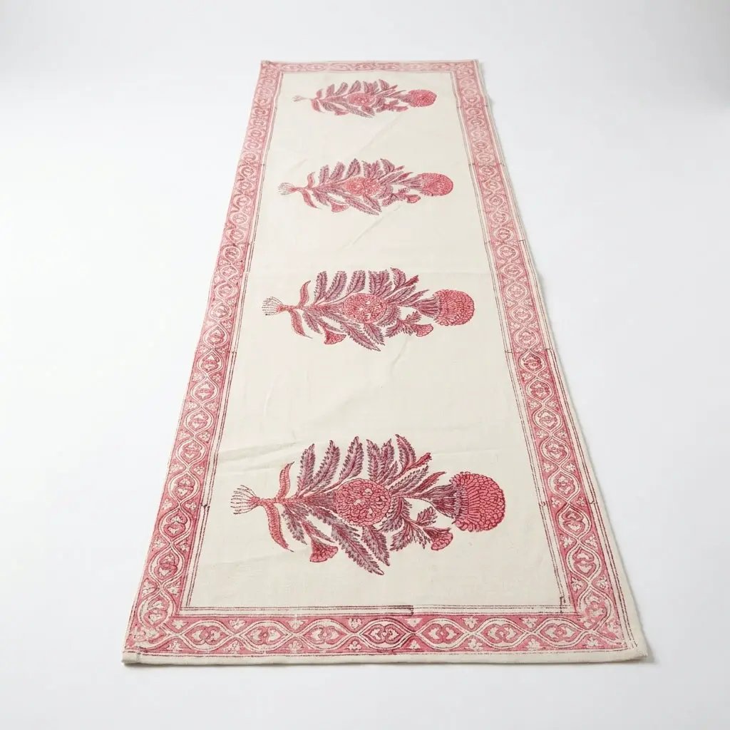 Vintage Magenta & Cream Table Linen Set – 13 Piece | Hand Block Printed Cotton | Runner, Placemats & Napkins by House Of Avana