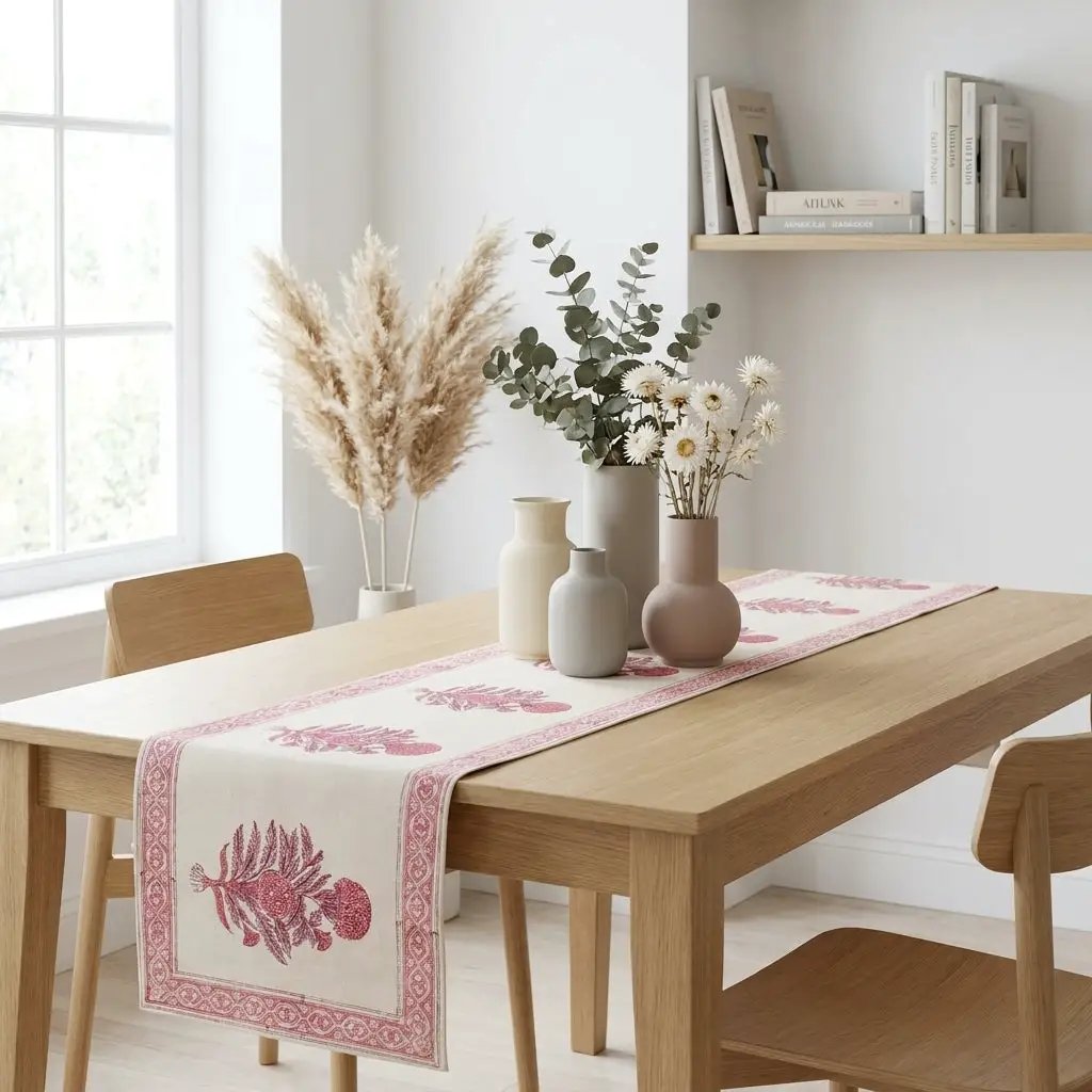 Vintage Magenta & Cream Table Linen Set – 13 Piece | Hand Block Printed Cotton | Runner, Placemats & Napkins by House Of Avana