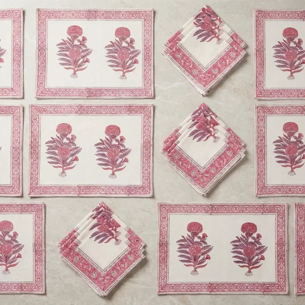 Vintage Magenta & Cream Table Linen Set – 13 Piece | Hand Block Printed Cotton | Runner, Placemats & Napkins by House Of Avana