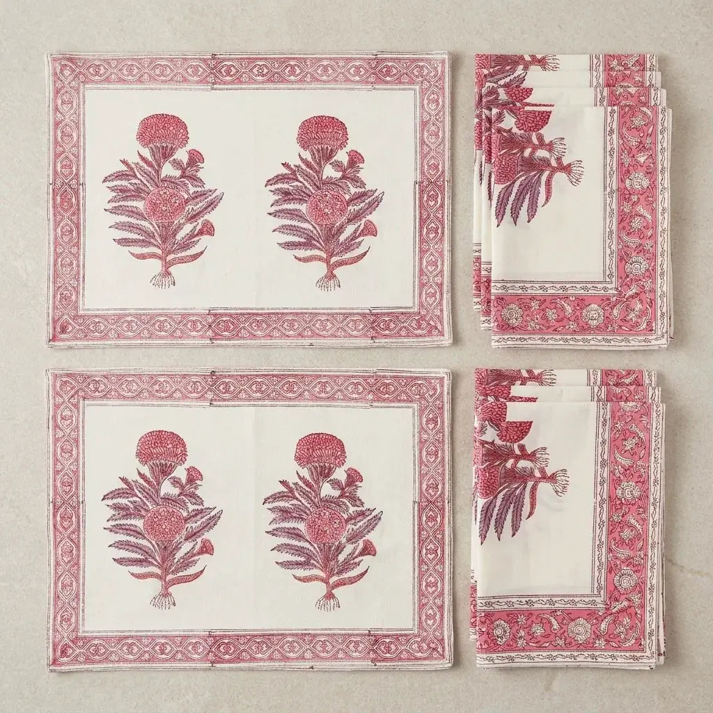 Vintage Magenta & Cream Table Linen Set – 13 Piece | Hand Block Printed Cotton | Runner, Placemats & Napkins by House Of Avana