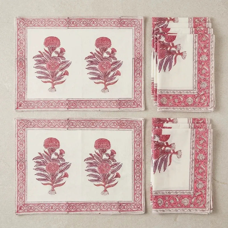Vintage Magenta & Cream Table Linen Set – 13 Piece | Hand Block Printed Cotton | Runner, Placemats & Napkins by House Of Avana