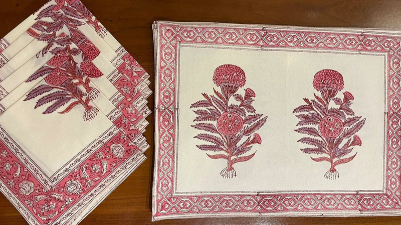 Vintage Magenta & Cream Table Linen Set – 13 Piece | Hand Block Printed Cotton | Runner, Placemats & Napkins by House Of Avana