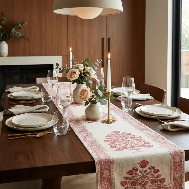 Vintage Magenta & Natural Linen Table Linen Set – 13 Piece | Hand Block Printed Cotton | Runner, Placemats & Napkins by House Of Avana