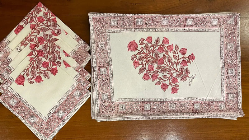 Vintage Magenta & Natural Linen Table Linen Set – 13 Piece | Hand Block Printed Cotton | Runner, Placemats & Napkins by House Of Avana