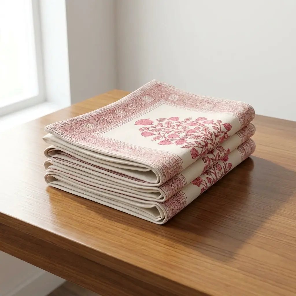 Vintage Magenta & Natural Linen Table Linen Set – 13 Piece | Hand Block Printed Cotton | Runner, Placemats & Napkins by House Of Avana