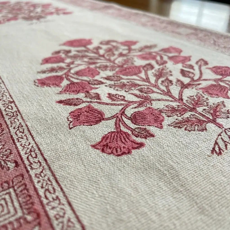 Vintage Magenta & Natural Linen Table Linen Set – 13 Piece | Hand Block Printed Cotton | Runner, Placemats & Napkins by House Of Avana
