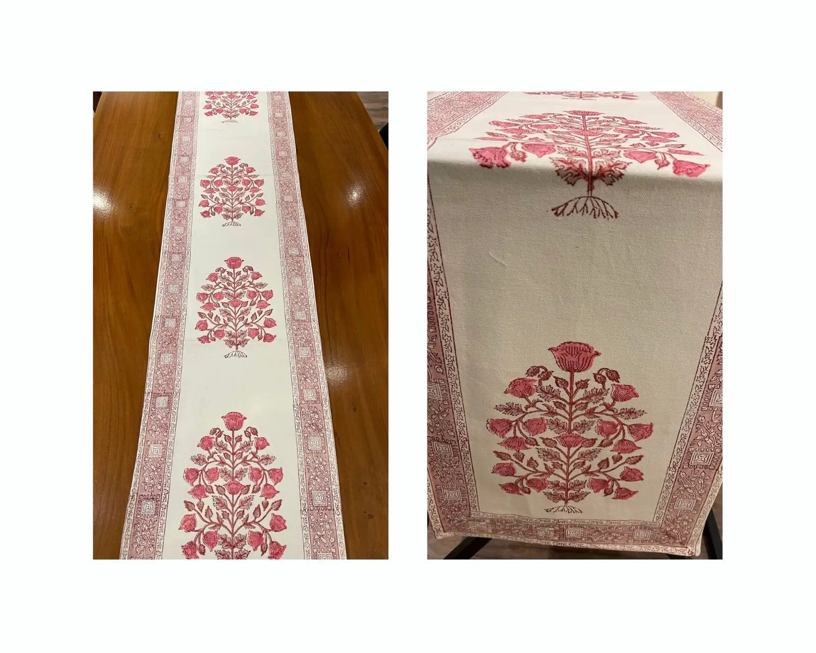 Vintage Magenta & Natural Linen Table Linen Set – 13 Piece | Hand Block Printed Cotton | Runner, Placemats & Napkins by House Of Avana