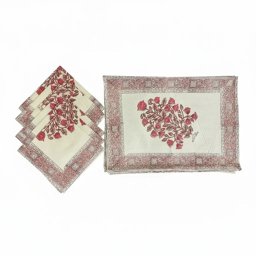 Vintage Magenta & Natural Linen Table Linen Set – 13 Piece | Hand Block Printed Cotton | Runner, Placemats & Napkins by House Of Avana