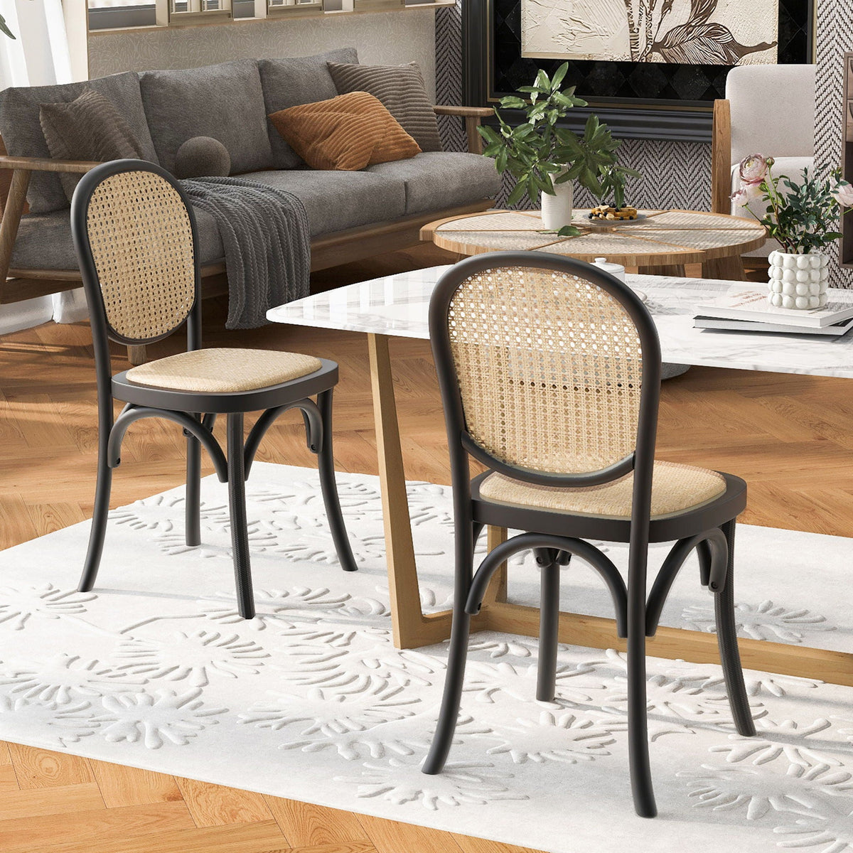 Vintage Style Dining Chairs Set of 2 with Birch Wood Frame and Rattan – Light Brown or Beige, photo 7 of 8