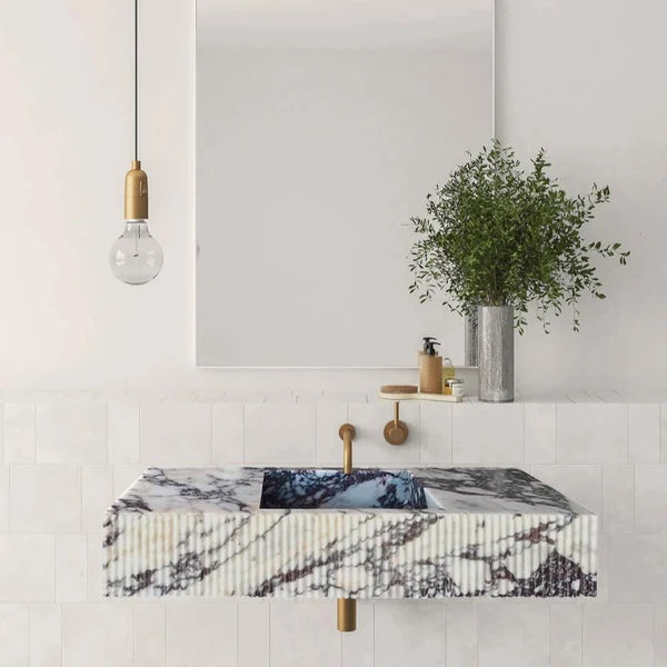 Calacatta Viola Marble Fluted Wall Mount Vanity Sink 20x56 Polished