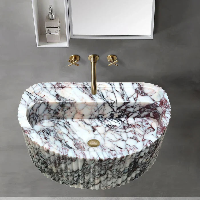Calacatta Viola Marble Wall-Mount Fluted Half-Round Bathroom Sink (W)16" (L)24" (H)8" by GobekDesign