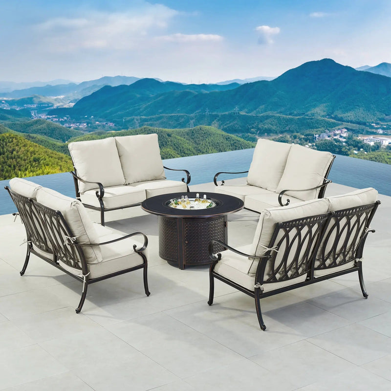 Black Aluminum Fire Table Set with Four Deep Seating Loveseats by Sharicks
