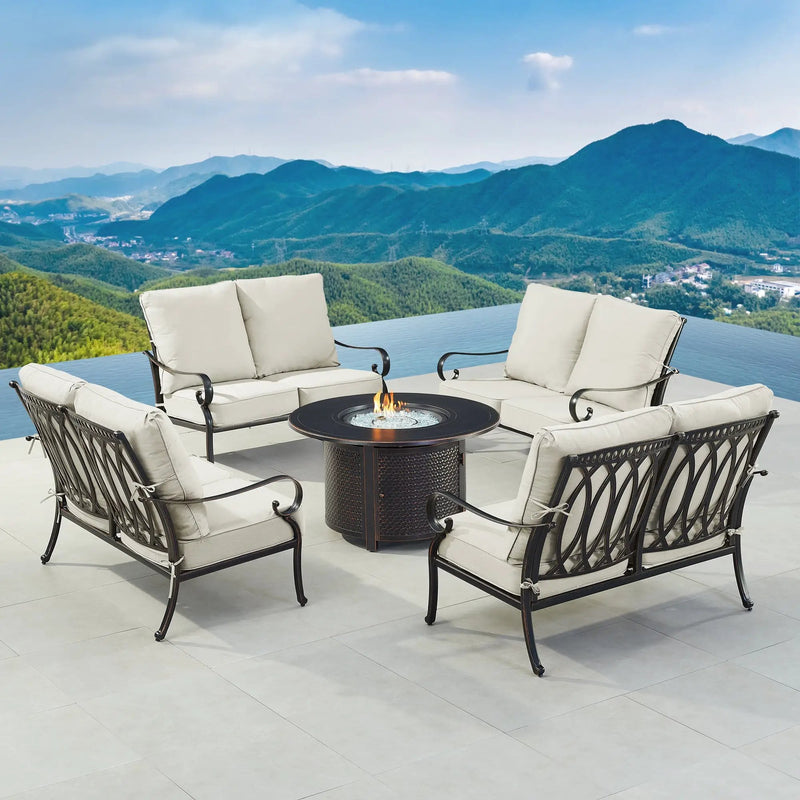 Black Aluminum Fire Table Set with Four Deep Seating Loveseats by Sharicks