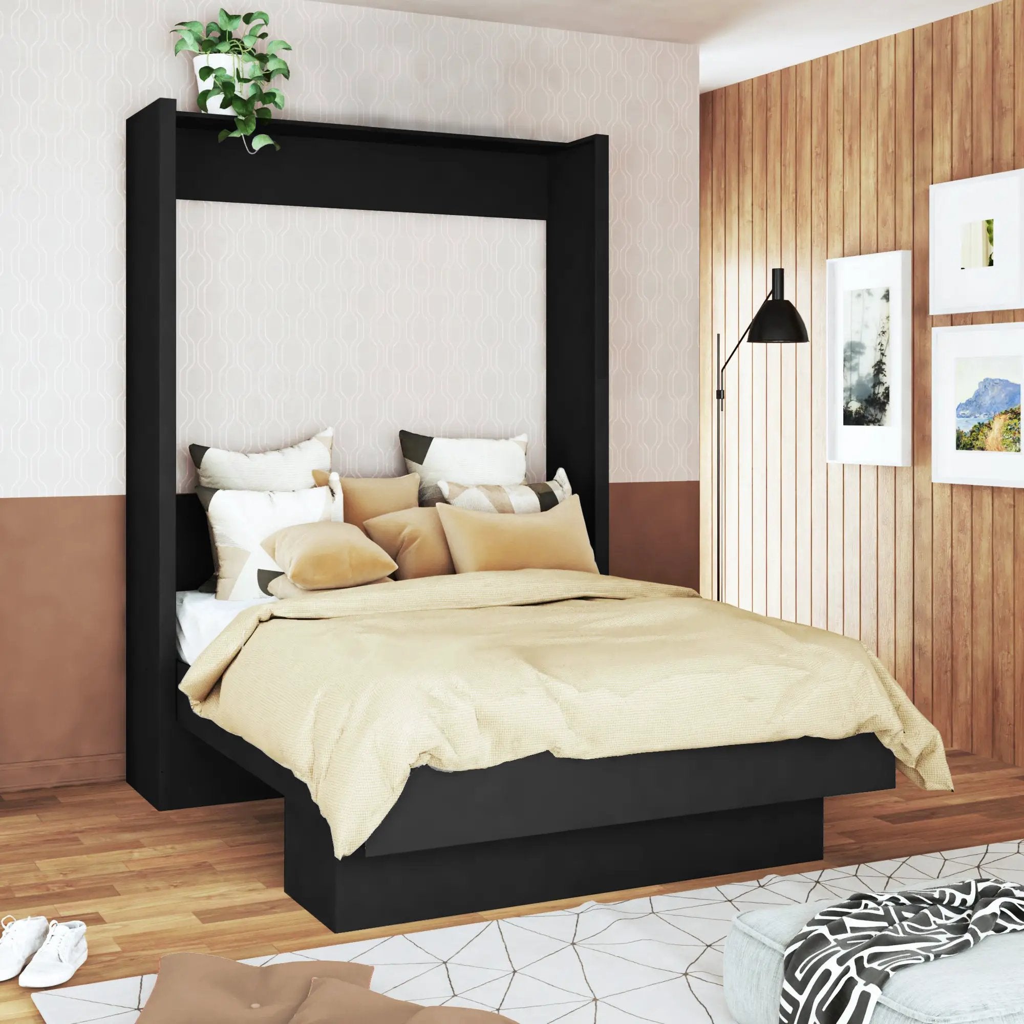 Easy-Lift Queen Murphy Wall Bed in Black with Shelf by Sharicks