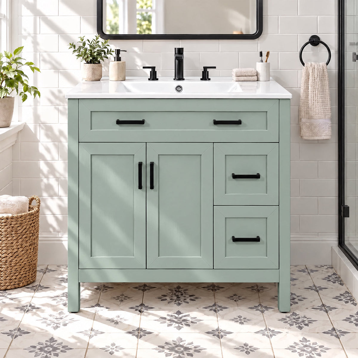 36-Inch Bathroom Vanity with Ceramic Sink, Soft-Close Doors, Sage Green